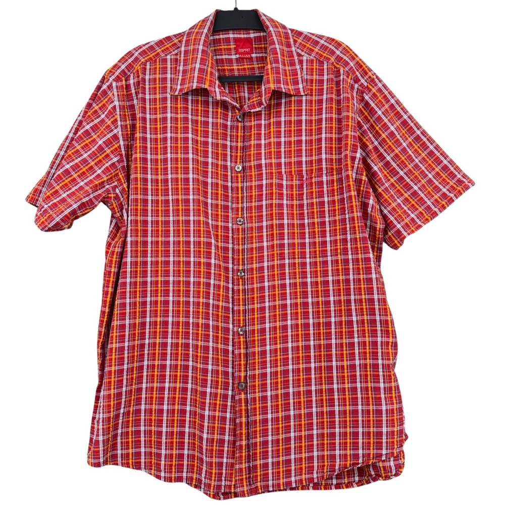 Esprit Plaid Button Down Mens XL 100% Cotton Red Short Sleeve‎ Shirt